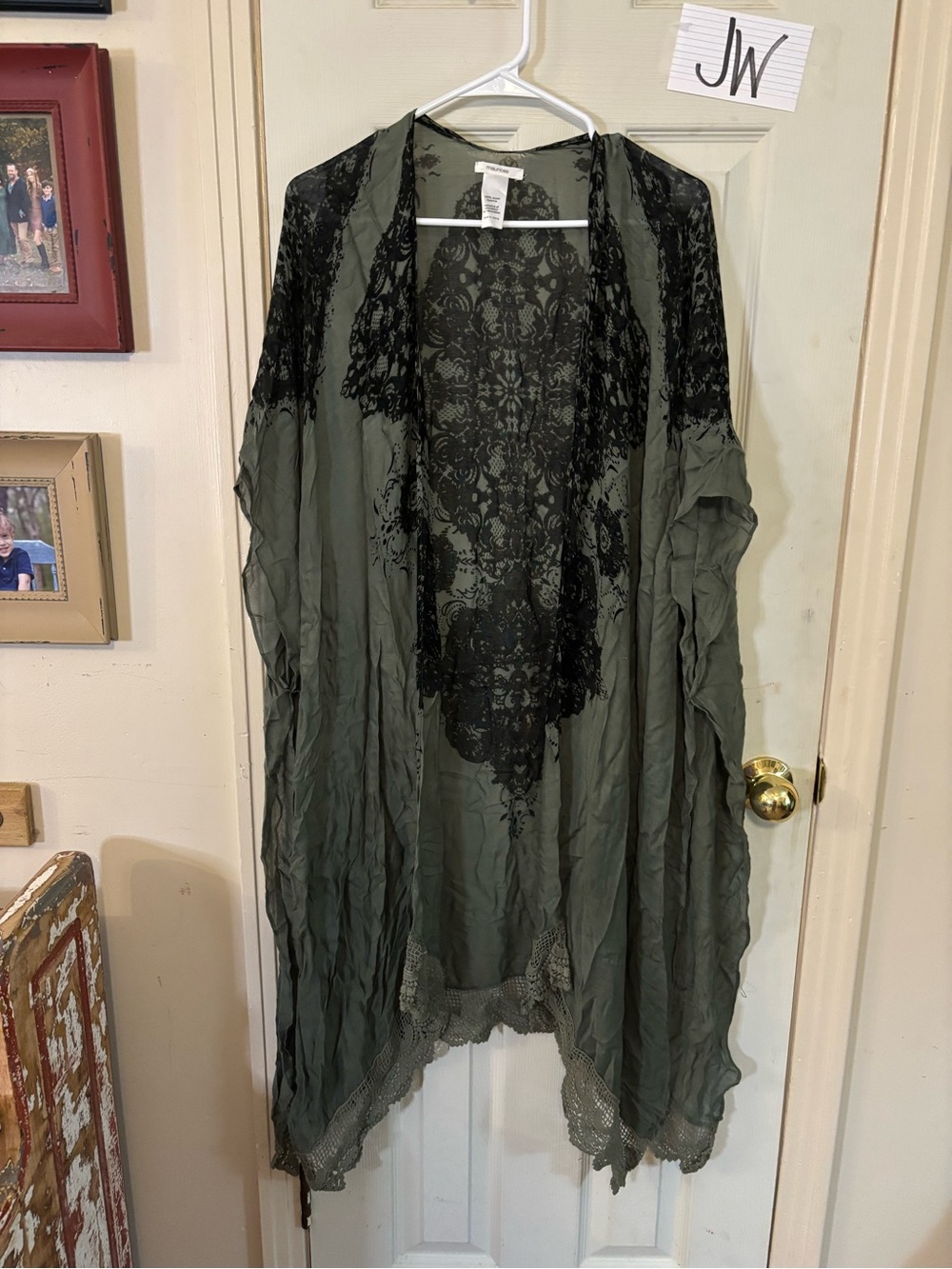 Maurices Olive Green Kimono Robe with Black Lace